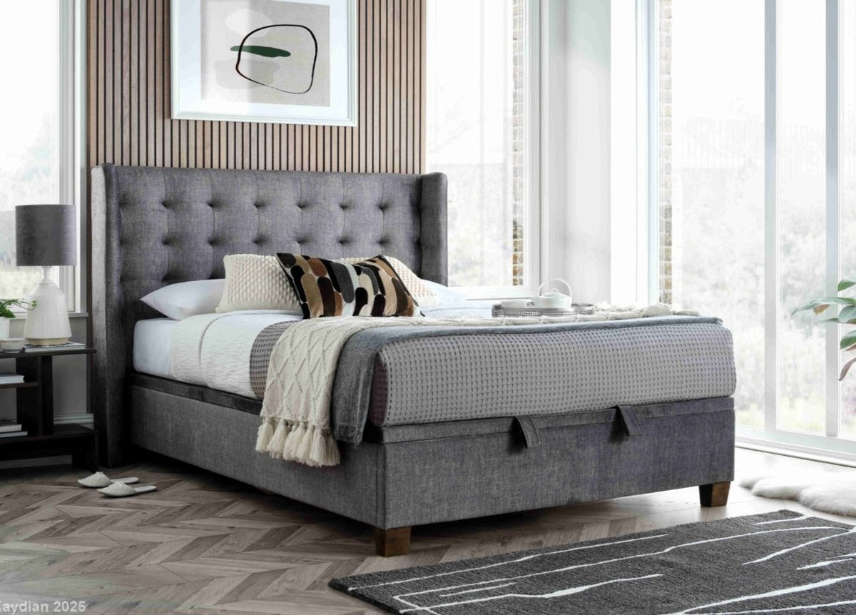 Brunton Maskat Clay Fabric Ottoman Storage Bed by Kaydian Design ltd in BRU135MCL only at TV Beds Northwest