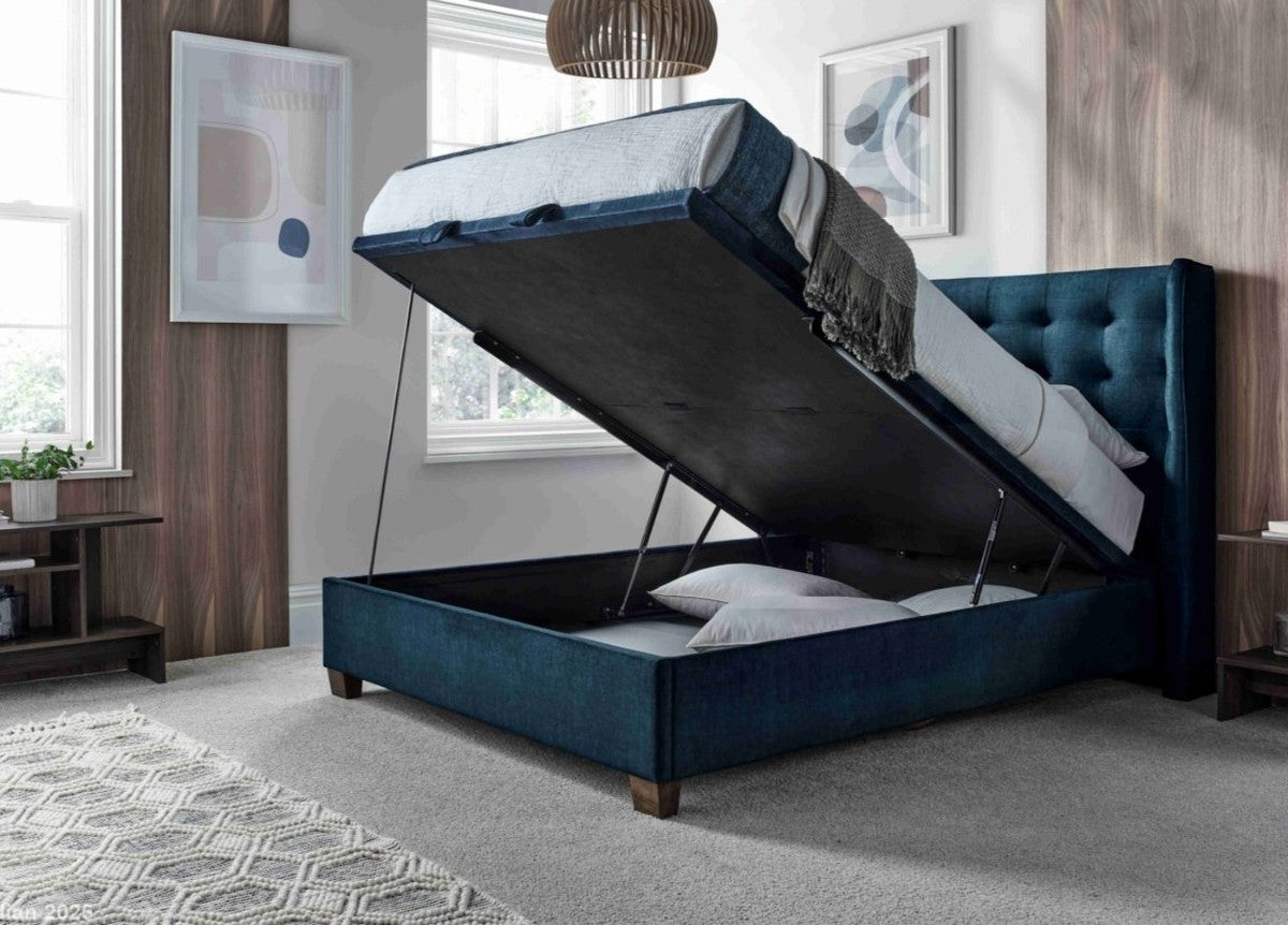 Brunton Maskat Clay Fabric Ottoman Storage Bed by Kaydian Design ltd in BRU135MCL only at TV Beds Northwest