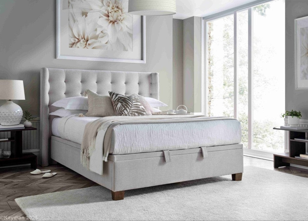 Brunton Maskat Clay Fabric Ottoman Storage Bed by Kaydian Design ltd in BRU135MCL only at TV Beds Northwest