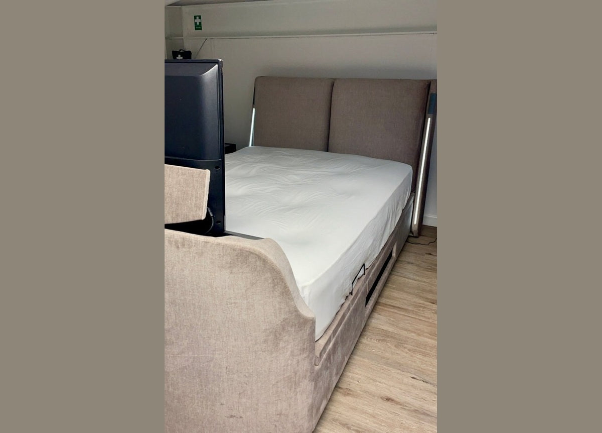 Premier Dolby Atmos TV Bed with Ottoman Storage - King Size in Beige by Kaydian Design ltd in only at TV Beds Northwest