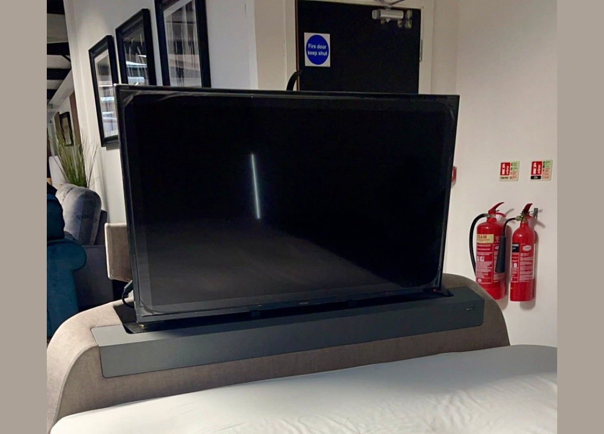 Premier Dolby Atmos TV Bed with Ottoman Storage - King Size in Beige by Kaydian Design ltd in only at TV Beds Northwest
