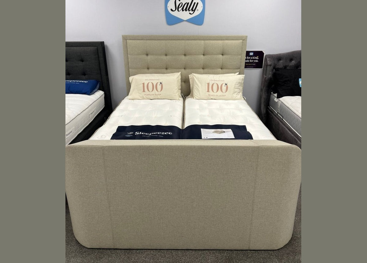 Showroom Clearance - Titan 4.1 Multi Media Ottoman Storage TV Bed Frame Oatmeal Superking by Kaydian Design LTD in TOT180OA only at TV Beds Northwest