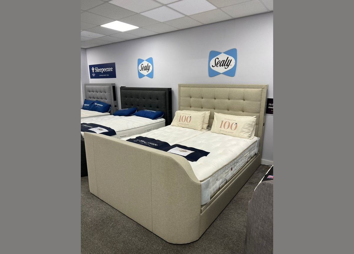 Showroom Clearance - Titan 4.1 Multi Media Ottoman Storage TV Bed Frame Oatmeal Superking by Kaydian Design LTD in TOT180OA only at TV Beds Northwest