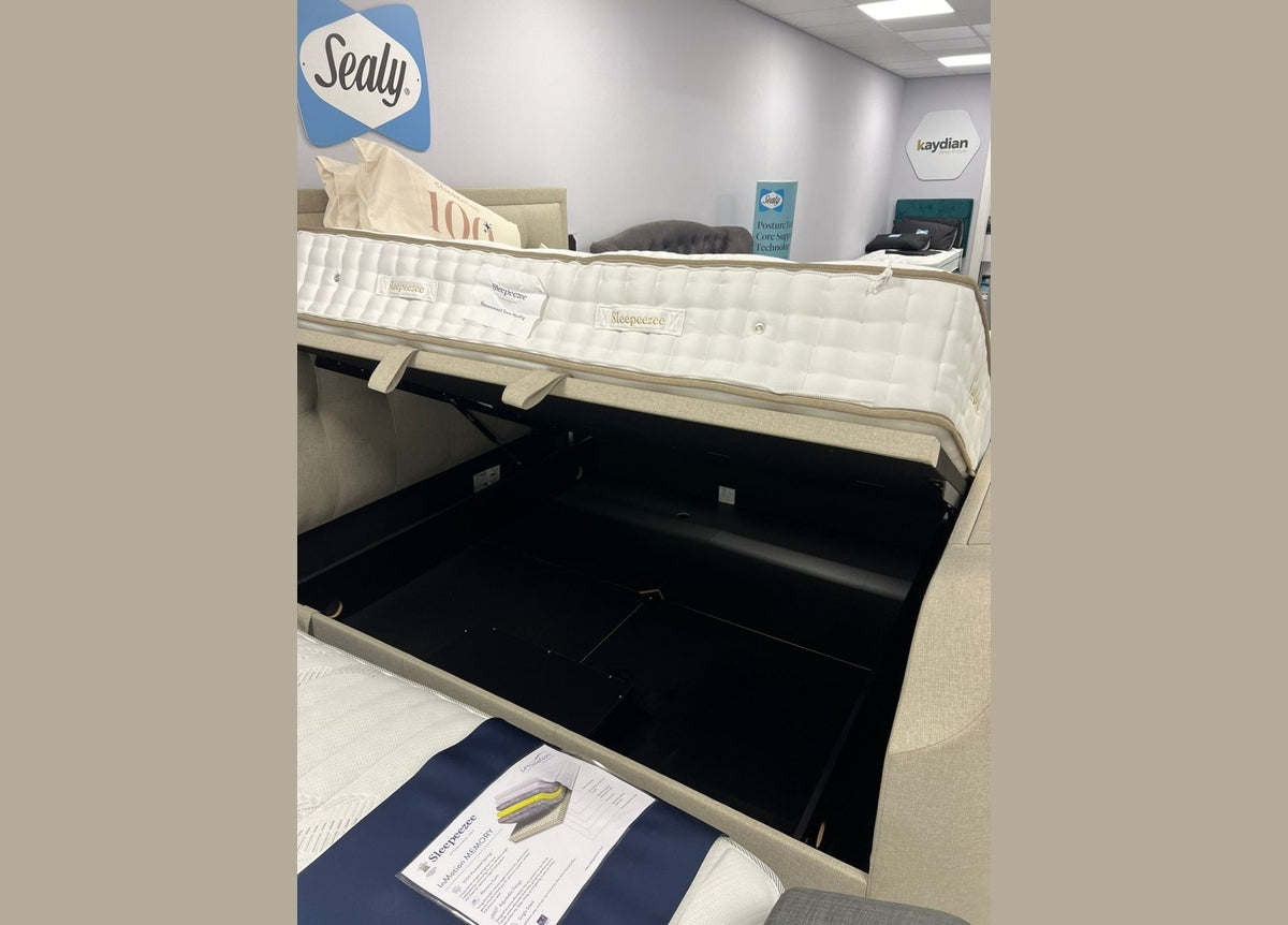 Showroom Clearance - Titan 4.1 Multi Media Ottoman Storage TV Bed Frame Oatmeal Superking by Kaydian Design LTD in TOT180OA only at TV Beds Northwest