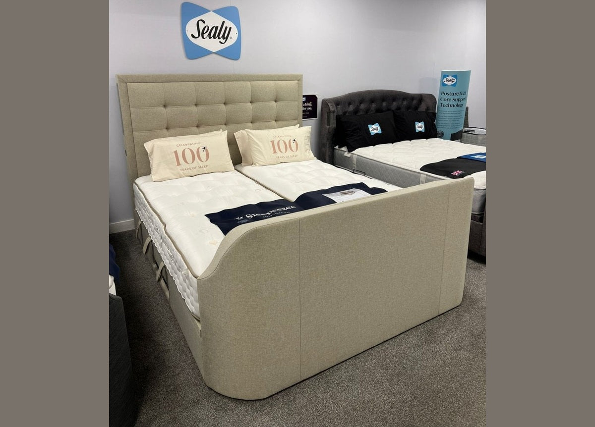 Showroom Clearance - Titan 4.1 Multi Media Ottoman Storage TV Bed Frame Oatmeal Superking by Kaydian Design LTD in TOT180OA only at TV Beds Northwest