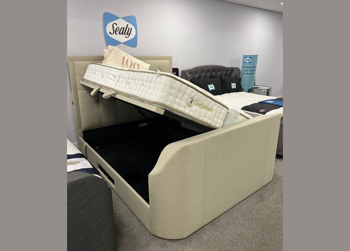 Showroom Clearance - Titan 4.1 Multi Media Ottoman Storage TV Bed Frame Oatmeal Superking by Kaydian Design LTD in TOT180OA only at TV Beds Northwest