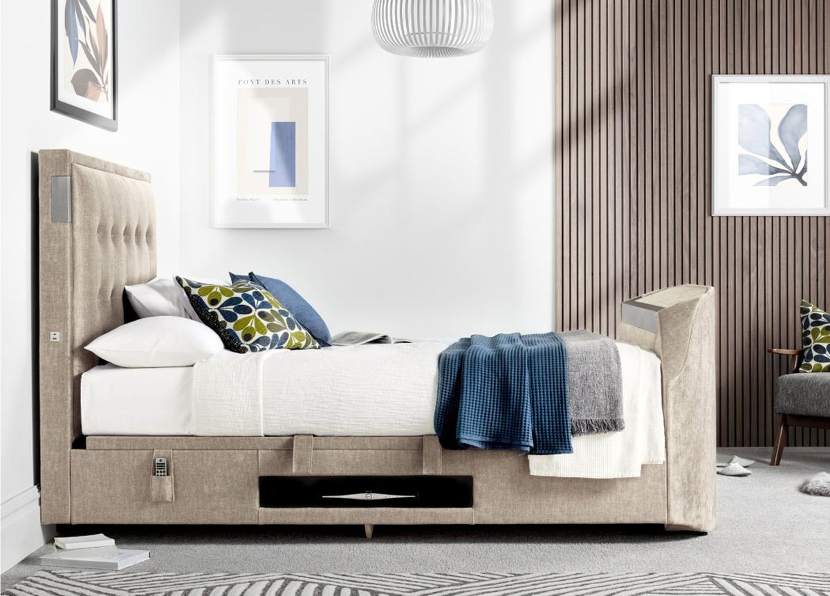 The Edge Dolby Atmos 5.1.2 Surround Sound TV Media Bed with Ottoman Storage - Beige by Kaydian Design LTD in EDDA150BEI only at TV Beds Northwest