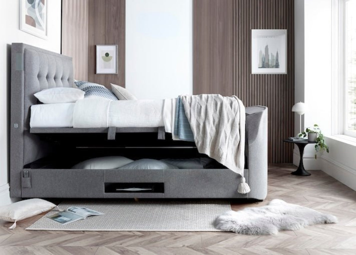The Edge Dolby Atmos 5.1.2 Surround Sound TV Media Bed with Ottoman Storage - Smoke Grey by Kaydian Design LTD in EDDA150SG only at TV Beds Northwest