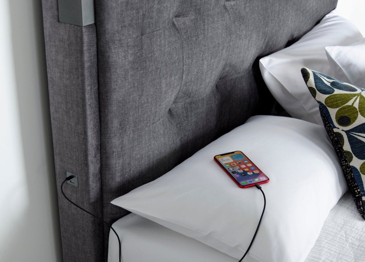 The Edge Dolby Atmos 5.1.2 Surround Sound TV Media Bed with Ottoman Storage - Vogue Grey by Kaydian Design LTD in EDDA150VOG only at TV Beds Northwest