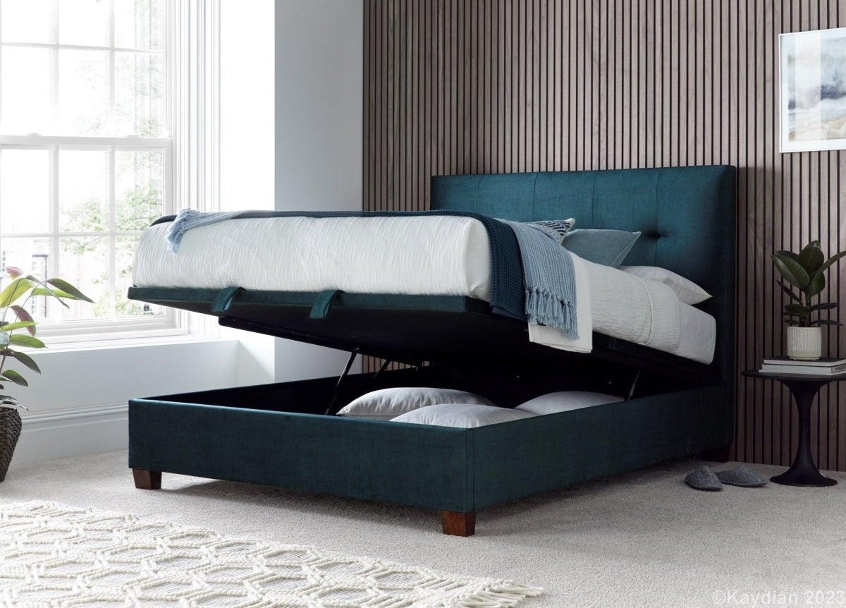 Walkworth Ottoman Storage Bed Frame by Kaydian Design Ltd in WAL135BLU only at TV Beds Northwest