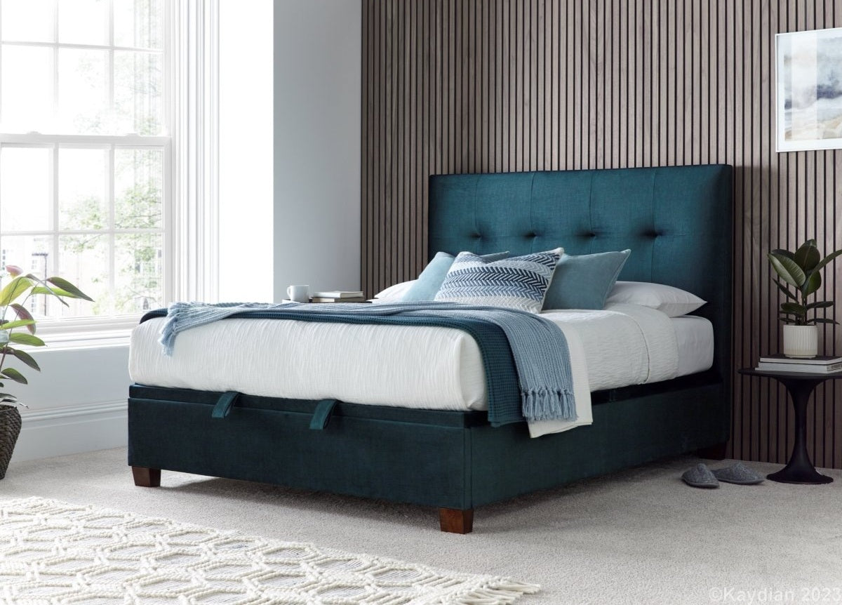 Walkworth Ottoman Storage Bed Frame by Kaydian Design Ltd in WAL135BLU only at TV Beds Northwest