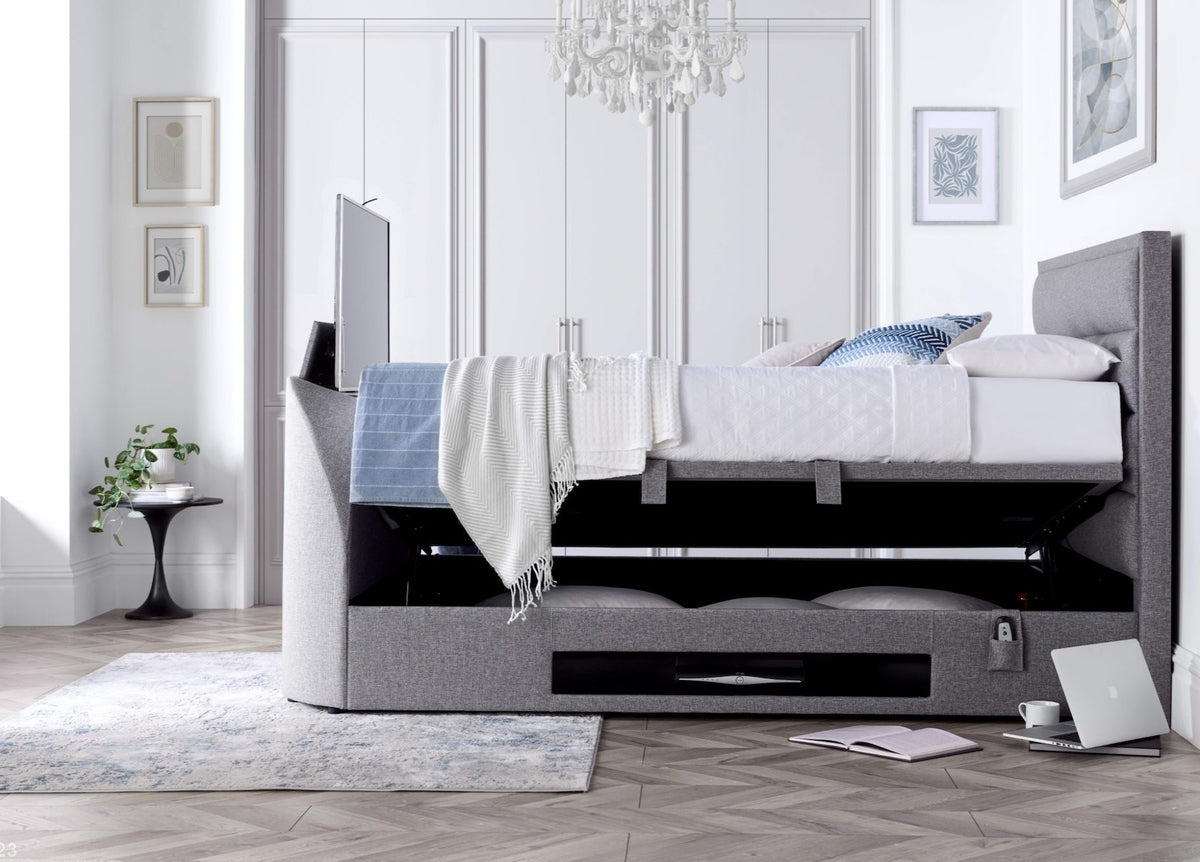 Kirkley TV Bed Frame with Ottoman Storage - Marbella Grey by Kaydian Design LTD in KIRTV135MDG only at TV Beds Northwest