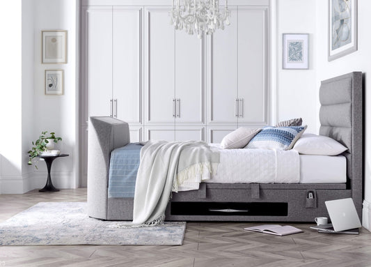 Kirkley TV Bed Frame with Ottoman Storage - Marbella Grey by Kaydian Design LTD in KIRTV135MDG only at TV Beds Northwest