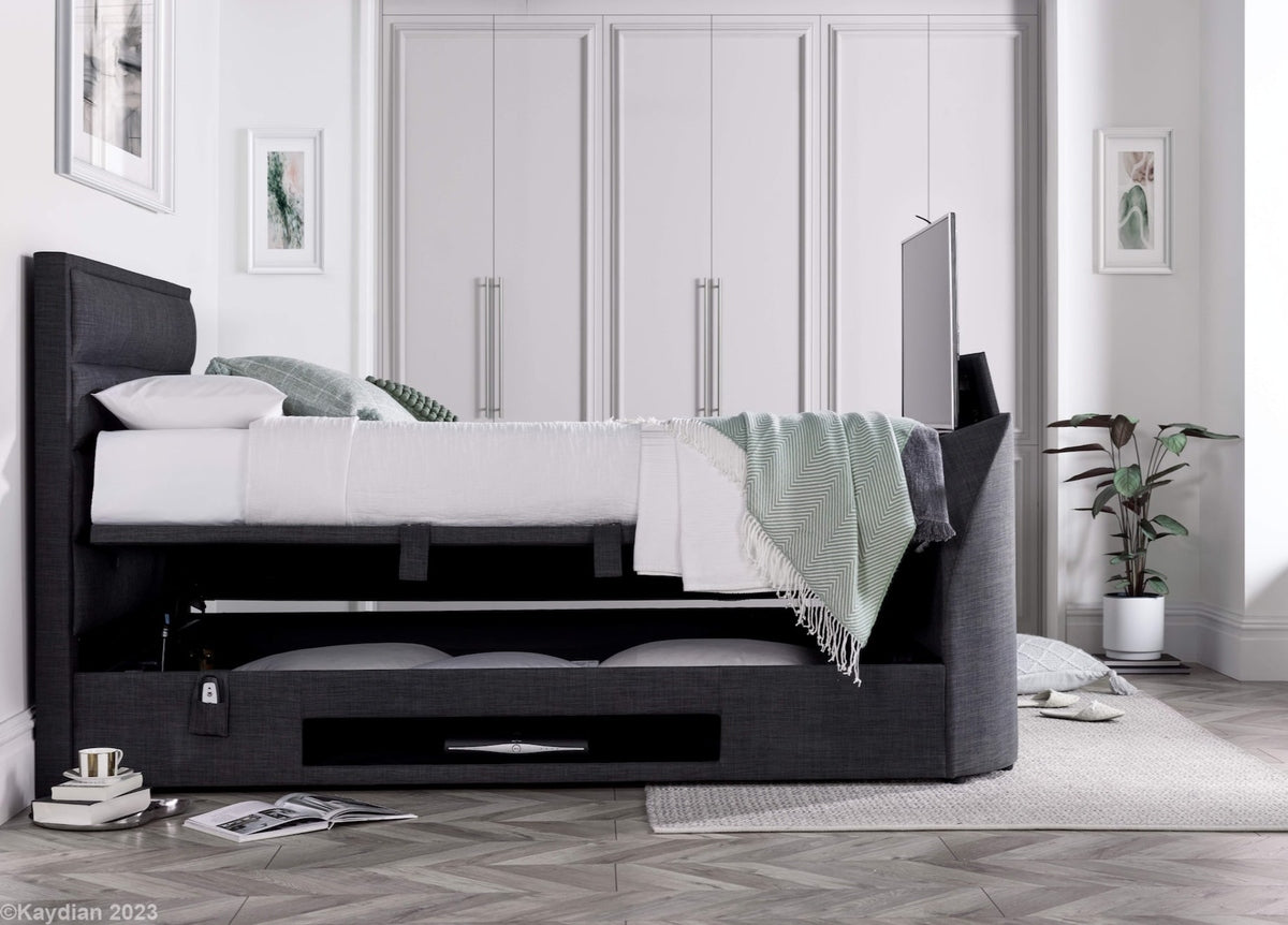 Kirkley TV Bed Frame with Ottoman Storage - Marbella Grey by Kaydian Design LTD in KIRTV135MDG only at TV Beds Northwest