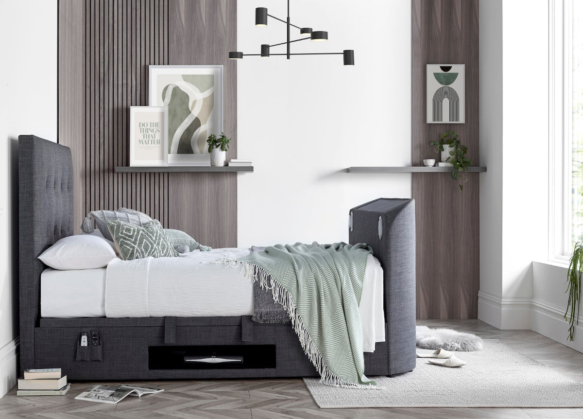 Walkworth Speaker TV Bed Frame with Ottoman Storage - Marbella Grey by Kaydian Design LTD in WALTV135MDG only at TV Beds Northwest
