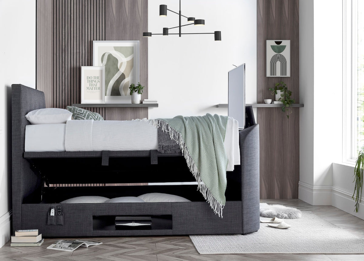 Walkworth Speaker TV Bed Frame with Ottoman Storage - Marbella Grey by Kaydian Design LTD in WALTV135MDG only at TV Beds Northwest