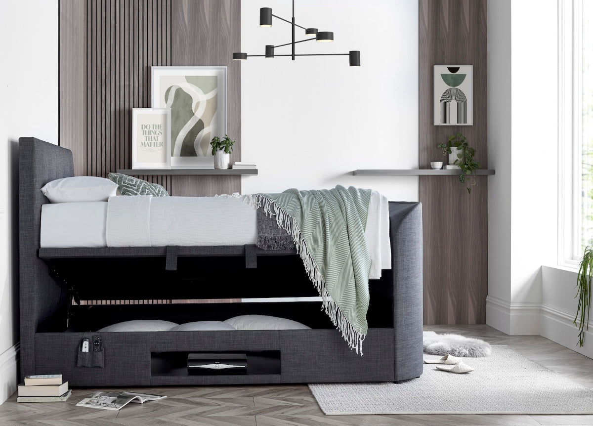 Walkworth Speaker TV Bed Frame with Ottoman Storage - Marbella Grey by Kaydian Design LTD in WALTV135MDG only at TV Beds Northwest