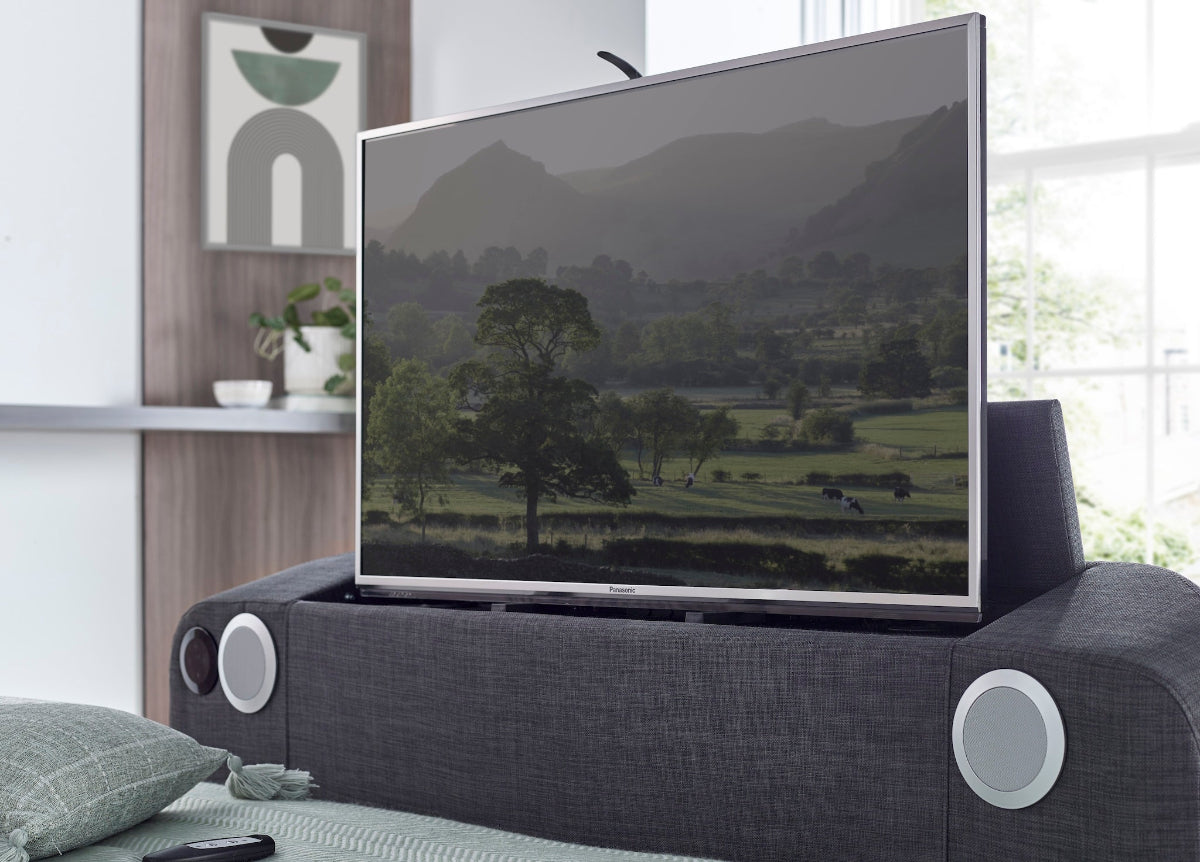 Walkworth Speaker TV Bed Frame with Ottoman Storage - Marbella Grey by Kaydian Design LTD in WALTV135MDG only at TV Beds Northwest