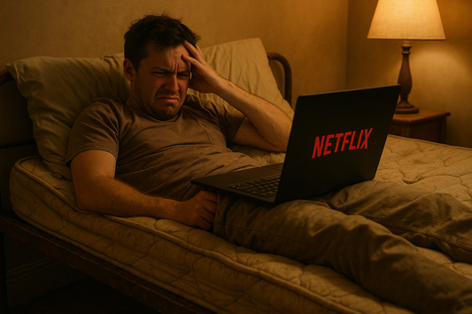 man in old bed, unhappy watching netflix on his laptop on an old mattress