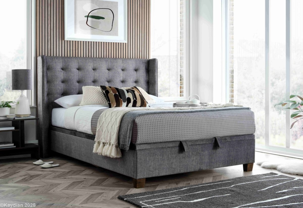 Brunton Maskat Clay Fabric Ottoman Storage Bed by Kaydian Design ltd in BRU135MCL only at TV Beds Northwest