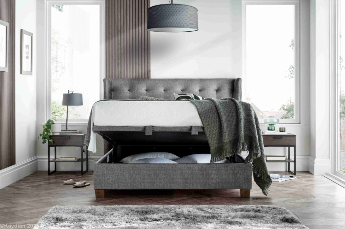 Brunton Maskat Clay Fabric Ottoman Storage Bed by Kaydian Design ltd in BRU135MCL only at TV Beds Northwest