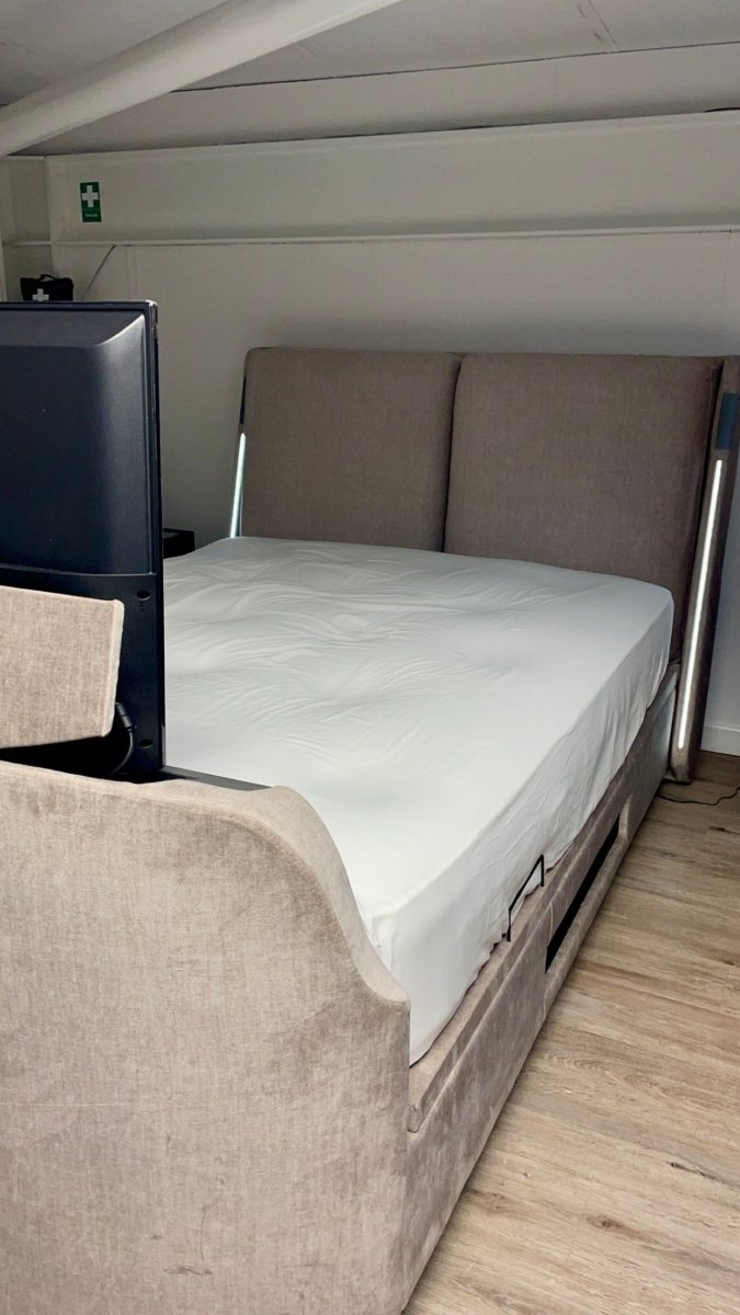 Premier Dolby Atmos TV Bed with Ottoman Storage - King Size in Beige by Kaydian Design ltd in only at TV Beds Northwest