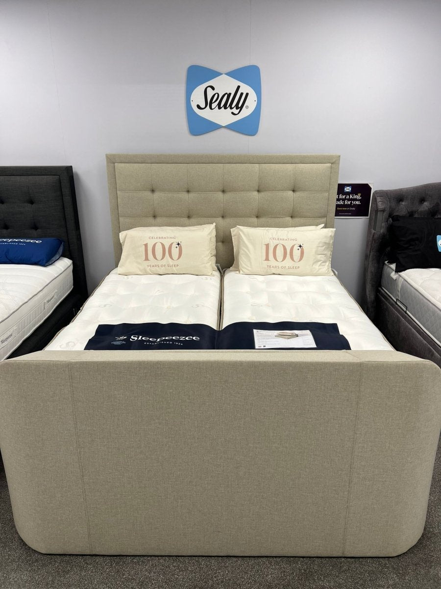 Showroom Clearance - Titan 4.1 Multi Media Ottoman Storage TV Bed Frame Oatmeal Superking by Kaydian Design LTD in TOT180OA only at TV Beds Northwest