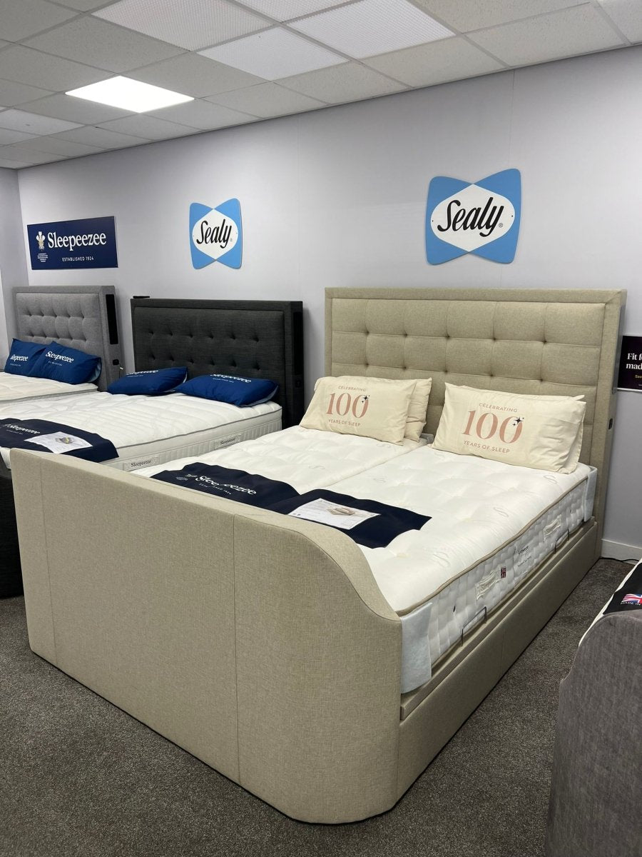 Showroom Clearance - Titan 4.1 Multi Media Ottoman Storage TV Bed Frame Oatmeal Superking by Kaydian Design LTD in TOT180OA only at TV Beds Northwest