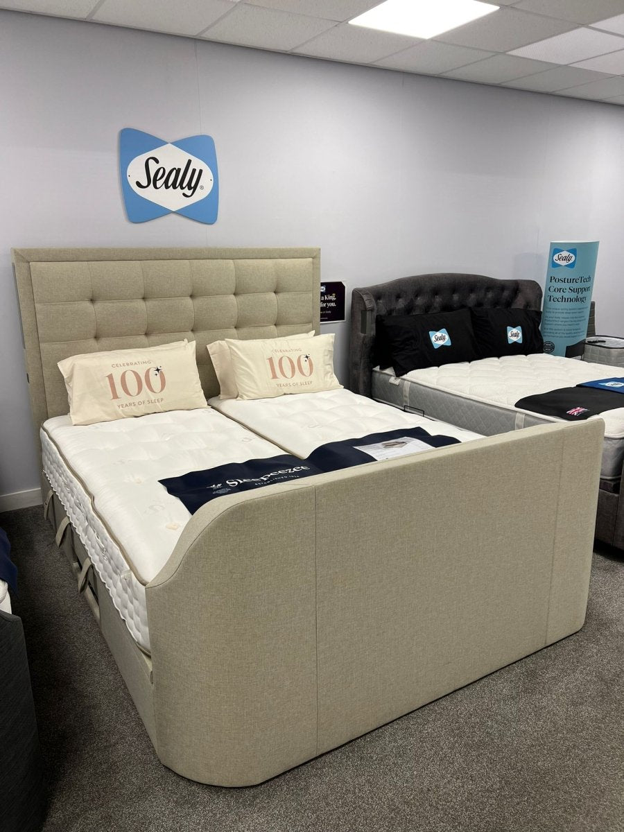 Showroom Clearance - Titan 4.1 Multi Media Ottoman Storage TV Bed Frame Oatmeal Superking by Kaydian Design LTD in TOT180OA only at TV Beds Northwest