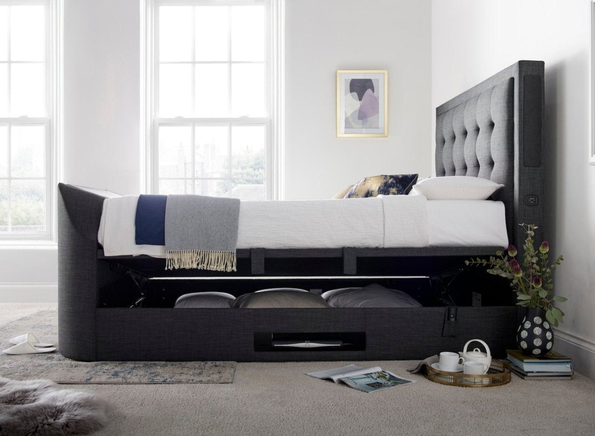 Stock Clearance Titan 4.1 Multi Media Ottoman Storage TV Bed Frame Slate Superking by Kaydian Design LTD in TOT180SL only at TV Beds Northwest