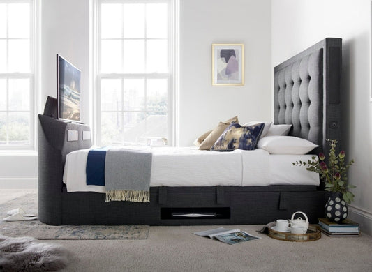 Stock Clearance Titan 4.1 Multi Media Ottoman Storage TV Bed Frame Slate Superking by Kaydian Design LTD in TOT180SL only at TV Beds Northwest