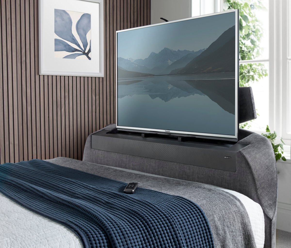 The Edge Dolby Atmos 5.1.2 Surround Sound TV Media Bed with Ottoman Storage - Beige by Kaydian Design LTD in EDDA150BEI only at TV Beds Northwest