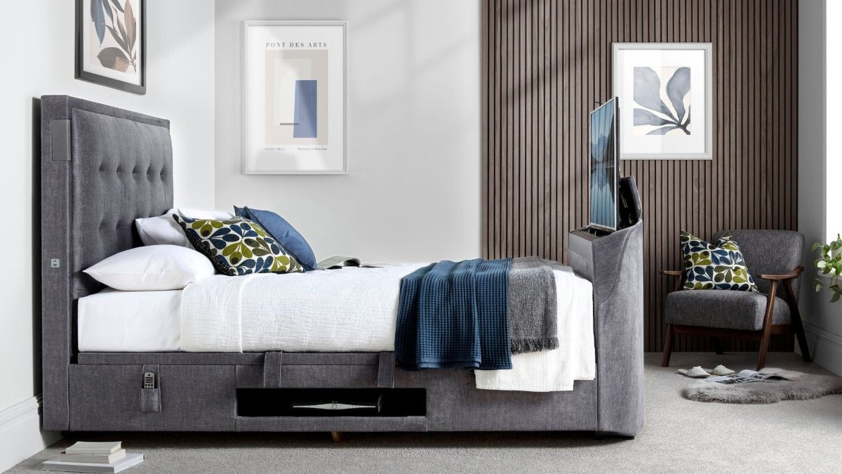 The Edge Dolby Atmos 5.1.2 Surround Sound TV Media Bed with Ottoman Storage - Beige by Kaydian Design LTD in EDDA150BEI only at TV Beds Northwest