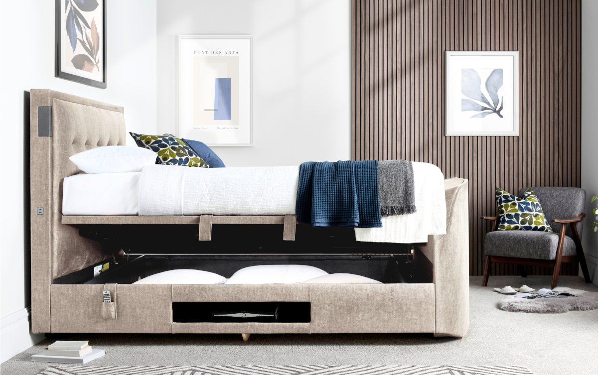 The Edge Dolby Atmos 5.1.2 Surround Sound TV Media Bed with Ottoman Storage - Beige by Kaydian Design LTD in EDDA150BEI only at TV Beds Northwest