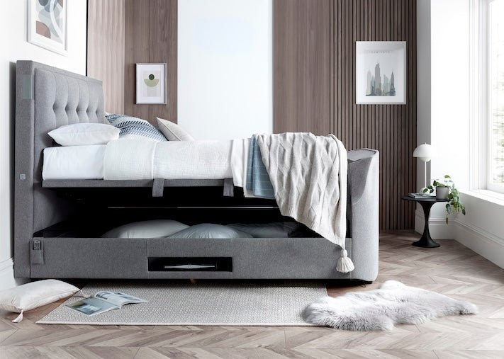 The Edge Dolby Atmos 5.1.2 Surround Sound TV Media Bed with Ottoman Storage - Beige by Kaydian Design LTD in EDDA150VOG only at TV Beds Northwest