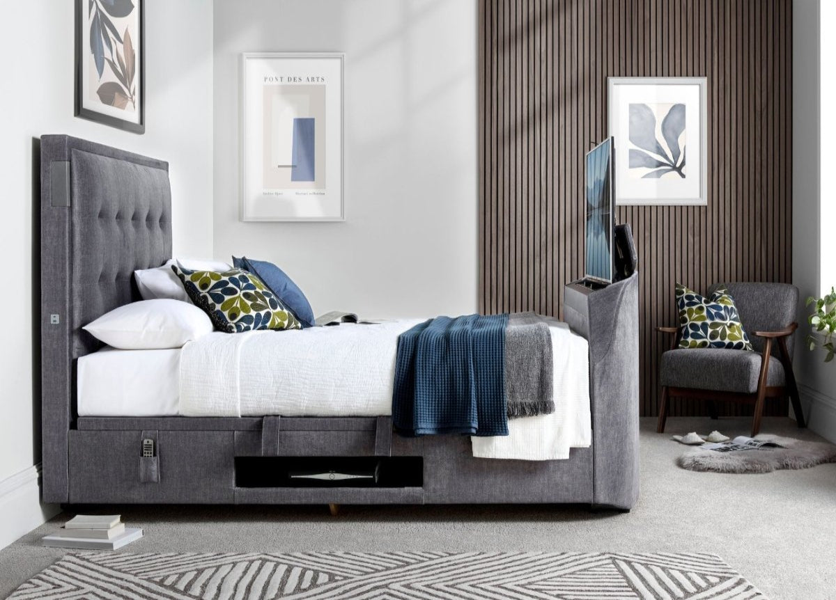 The Edge Dolby Atmos 5.1.2 Surround Sound TV Media Bed with Ottoman Storage - Smoke Grey by Kaydian Design LTD in EDDA150SG only at TV Beds Northwest
