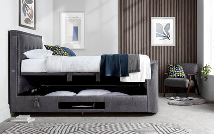 The Edge Dolby Atmos 5.1.2 Surround Sound TV Media Bed with Ottoman Storage - Smoke Grey by Kaydian Design LTD in EDDA150SG only at TV Beds Northwest