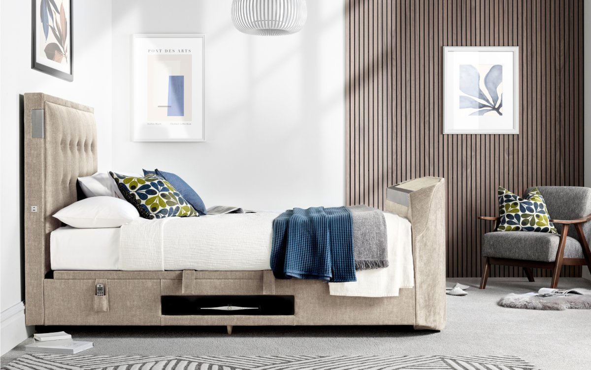 The Edge Dolby Atmos 5.1.2 Surround Sound TV Media Bed with Ottoman Storage - Smoke Grey by Kaydian Design LTD in EDDA150SG only at TV Beds Northwest