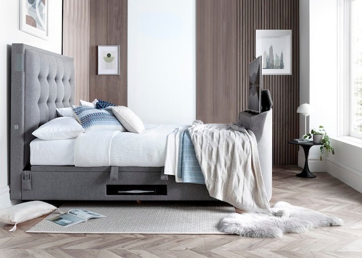 The Edge Dolby Atmos 5.1.2 Surround Sound TV Media Bed with Ottoman Storage - Smoke Grey by Kaydian Design LTD in EDDA150SG only at TV Beds Northwest