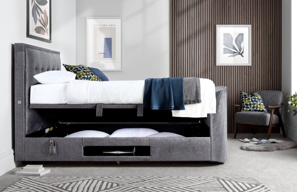 The Edge Dolby Atmos 5.1.2 Surround Sound TV Media Bed with Ottoman Storage - Vogue Grey by Kaydian Design LTD in EDDA150VOG only at TV Beds Northwest