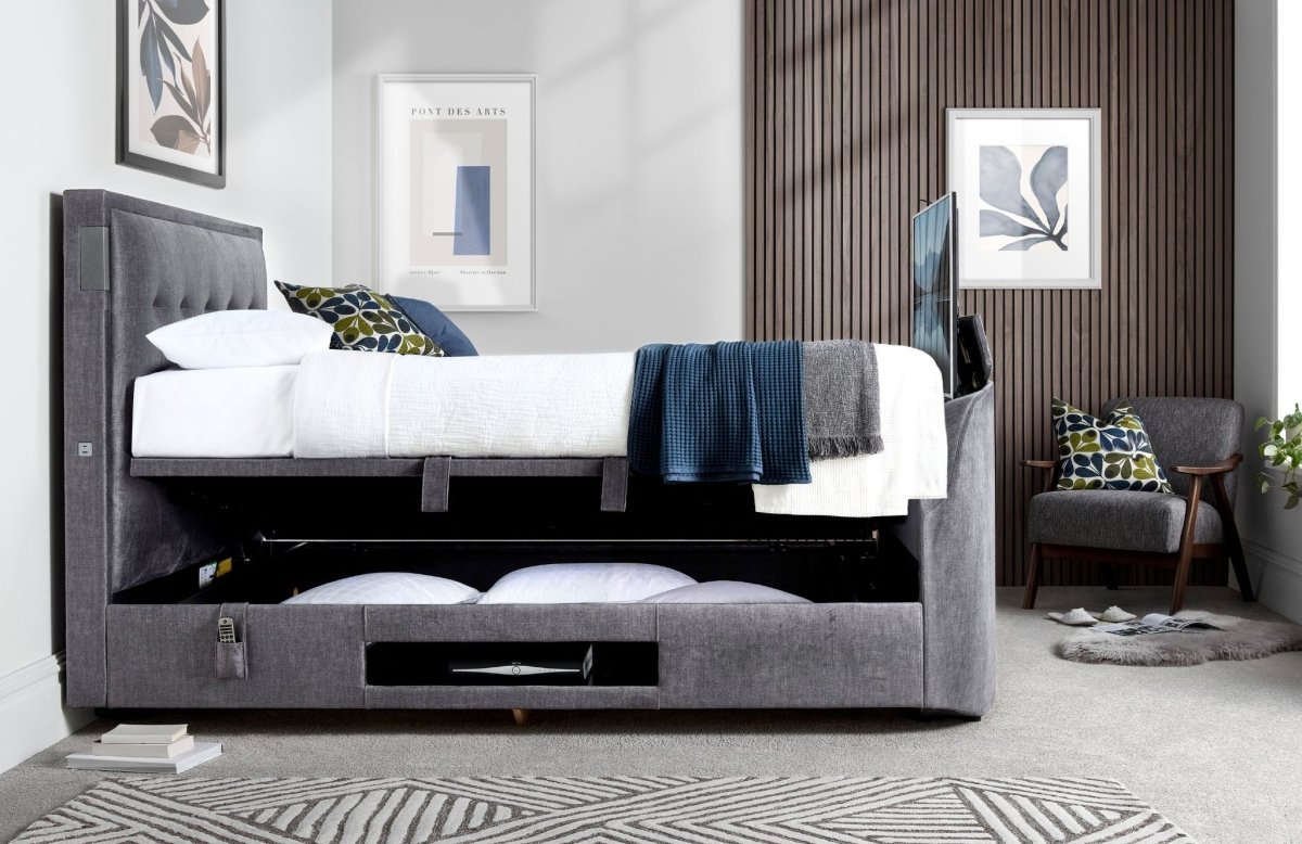 The Edge Dolby Atmos 5.1.2 Surround Sound TV Media Bed with Ottoman Storage - Vogue Grey by Kaydian Design LTD in EDDA150VOG only at TV Beds Northwest