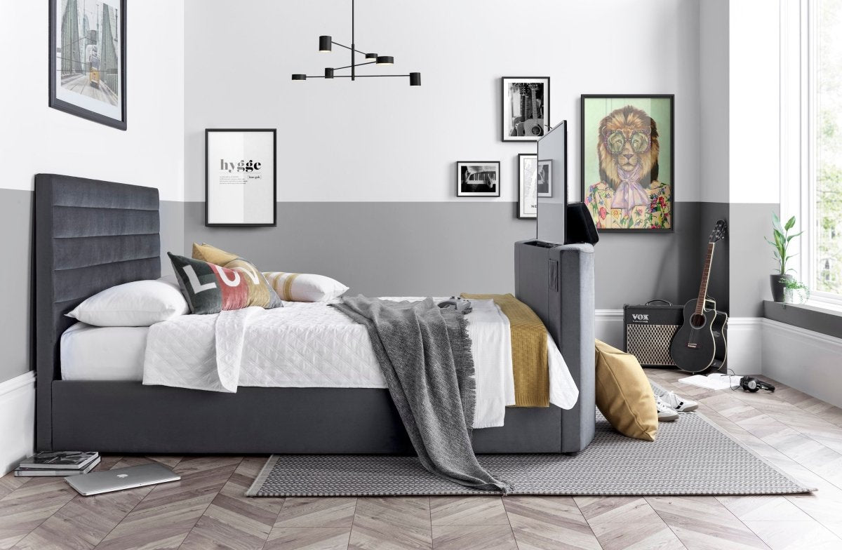 The VOX TV Bed - Voice Activated TV Bed frame - Grey Fabric - TV Beds Northwest - VOX120SP - doubletvbed - kaydian