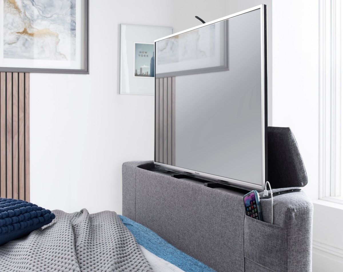 The VOX TV Bed - Voice Activated TV Bed frame - Velvet Graphite set by Kaydian Design LTD in VOX120SP only at TV Beds Northwest