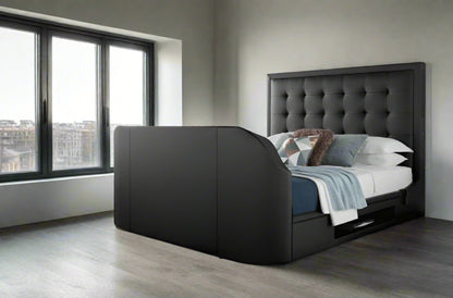 Titan 4.1 Multi Media Ottoman Storage TV Bed - Black Leather by Kaydian Design LTD in TOT150BL only at TV Beds Northwest