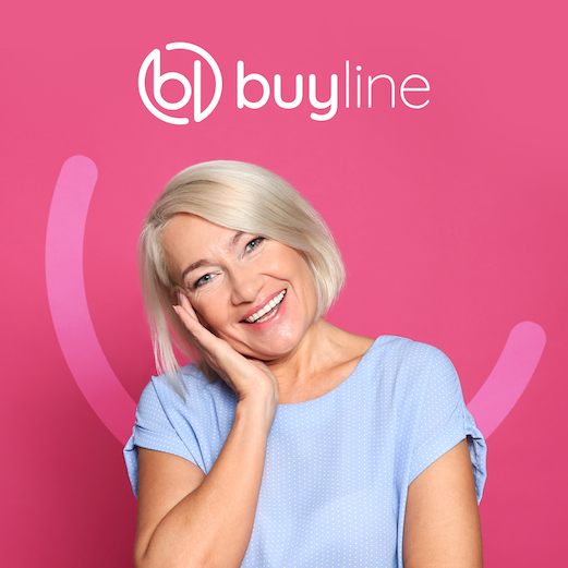 lady smiling promoting buyline finance option on a pink background