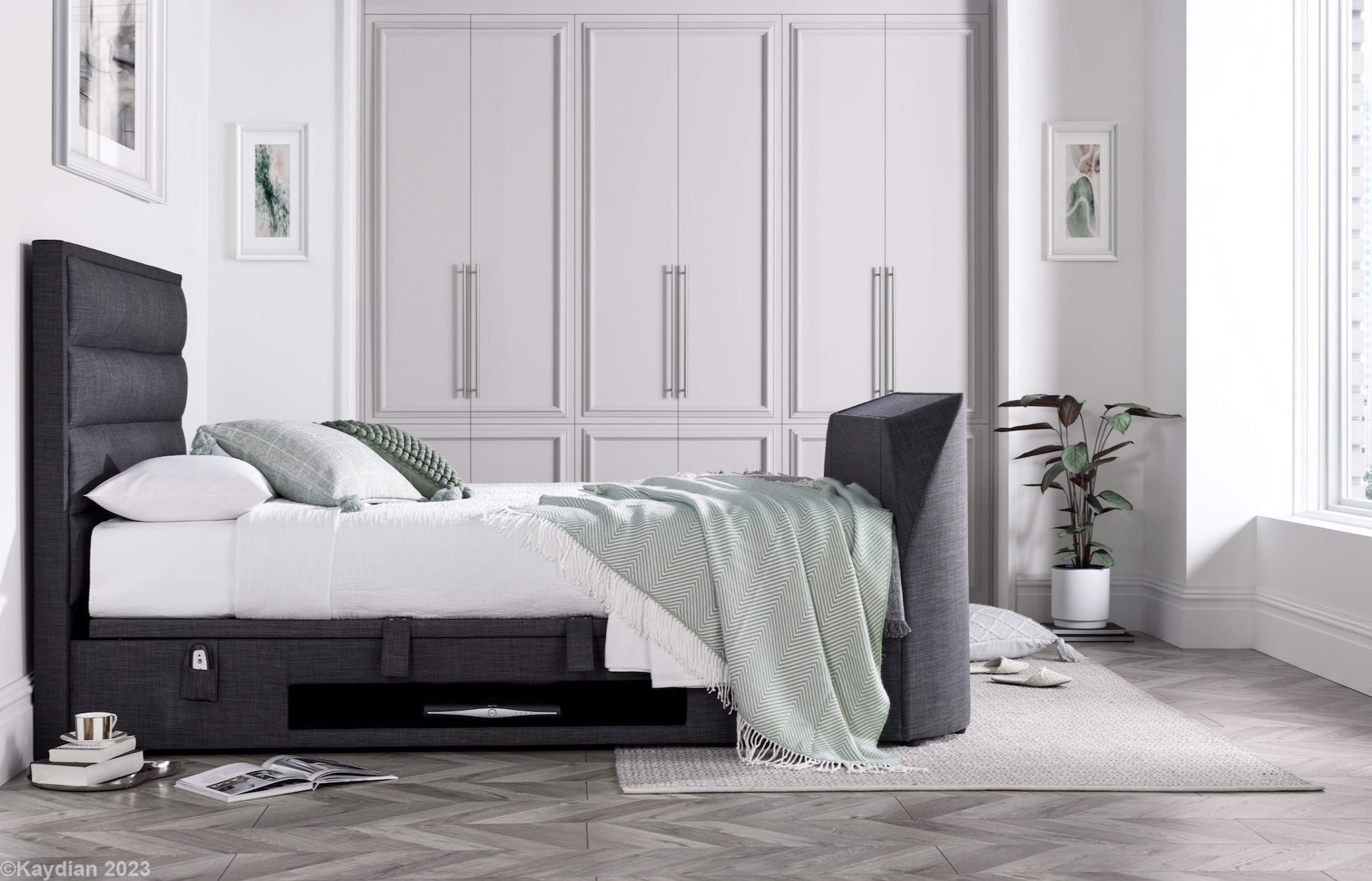 Kirkley TV Bed Frame with Ottoman Storage - Marbella Grey - TV Beds Northwest