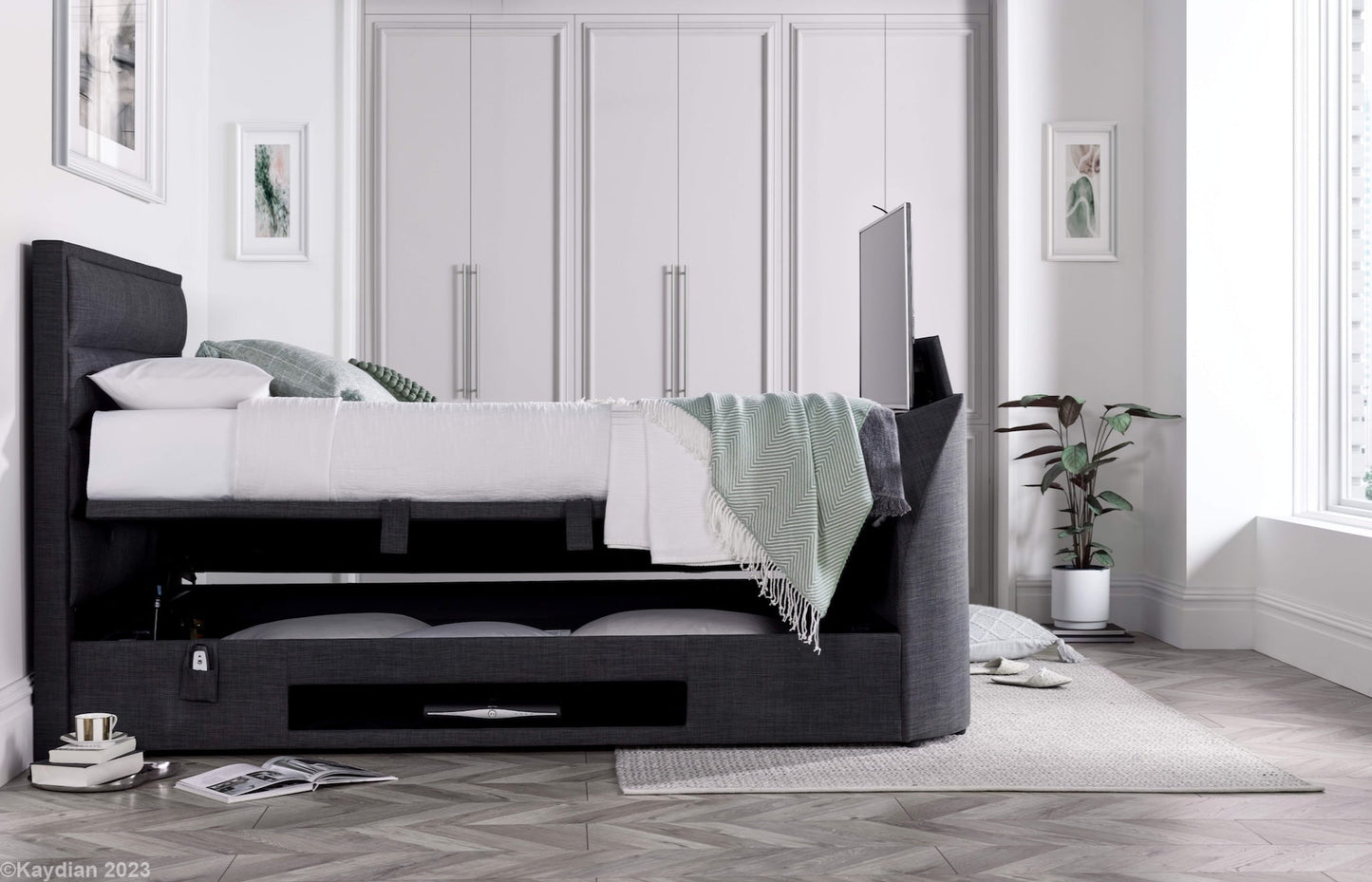 Kirkley TV Bed Frame with Ottoman Storage - Slate Grey - TV Beds Northwest