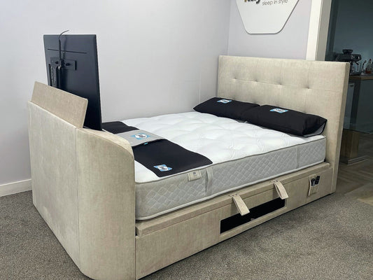 Walkworth Speaker TV Bed Frame with Ottoman Storage - Cream - TV Beds Northwest - WALTV150OA - King Size TV Beds - kingottomanstorage