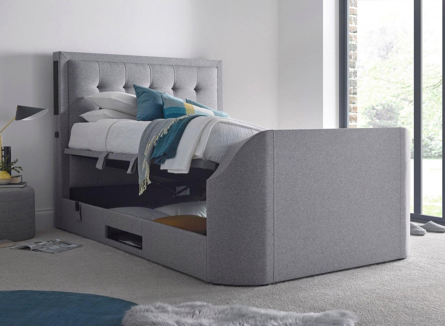 Titan 4.1 Multi Media Ottoman Storage TV Bed - King size in all colours - TV Beds Northwest - TOT150BL - greytvbed - kaydian