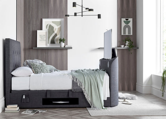 Walkworth Speaker TV Bed Frame with Ottoman Storage - Marbella Grey by Kaydian Design LTD in WALTV135MDG only at TV Beds Northwest